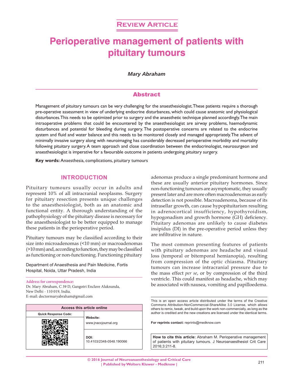 Perioperative Management of Patients with Pituitary Tumours