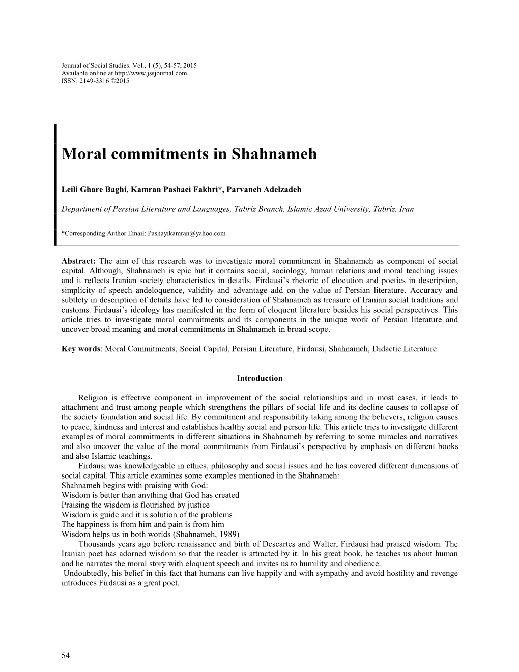 Moral Commitments in Shahnameh