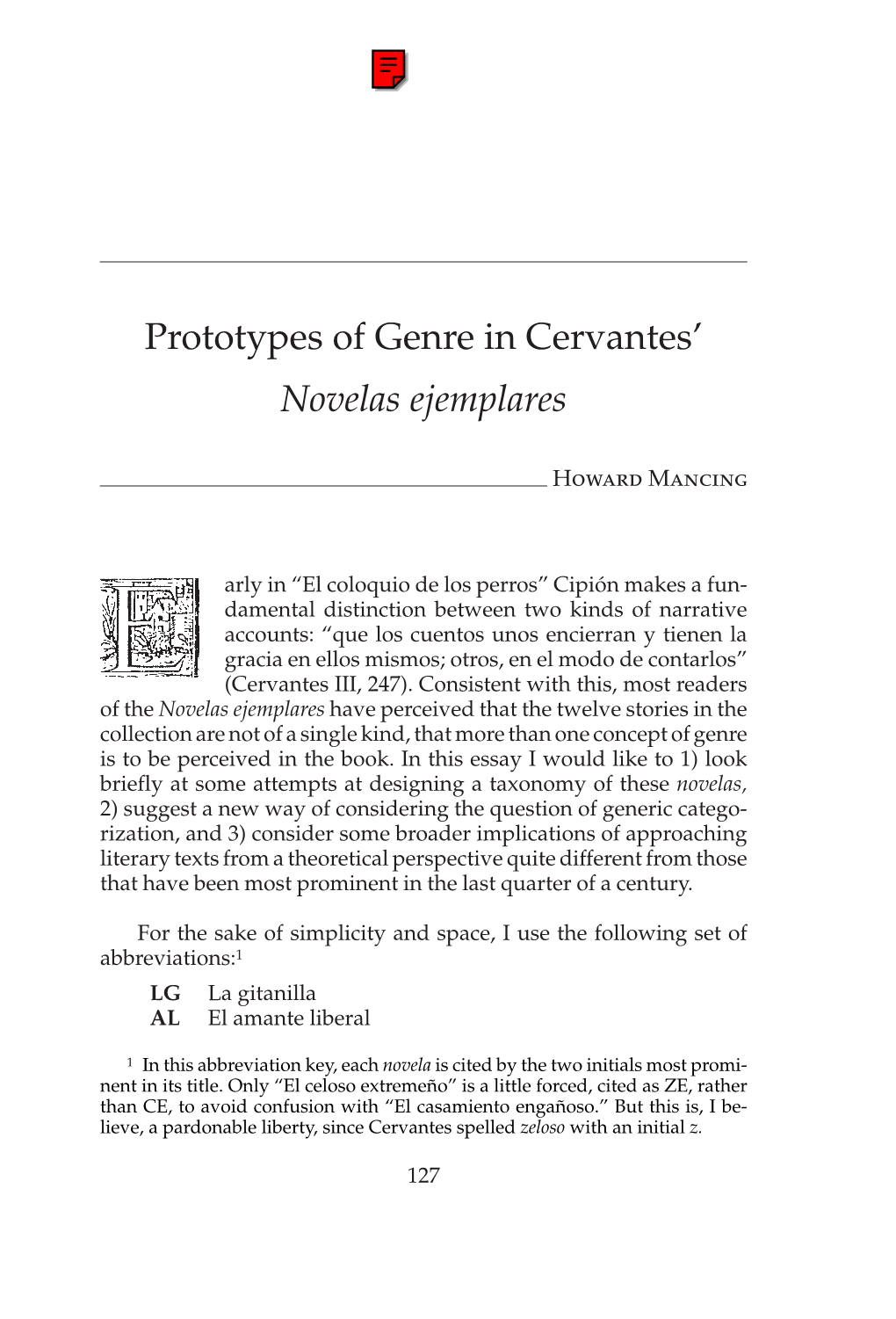 Prototypes of Genre in Cervantes' Novelas Ejemplares