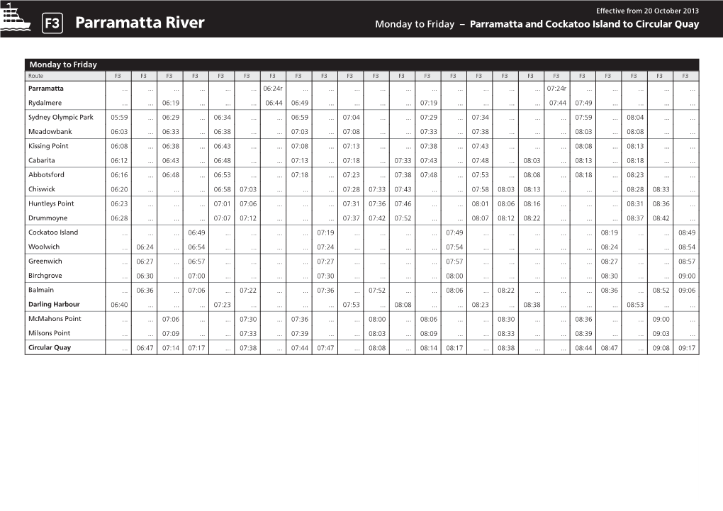 F3 Parramatta River Ferry Timetable