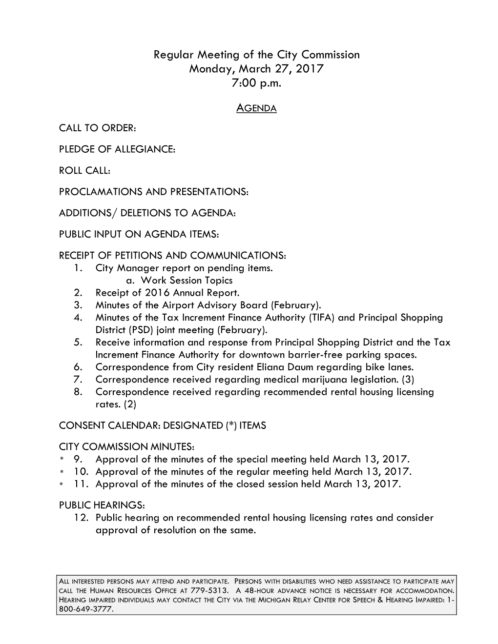 Regular Meeting of the City Commission Monday, March 27, 2017 7:00 P.M