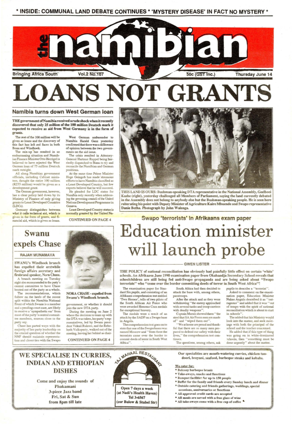 LOANS NOT GRANTS Namibia Turns Down West German Loan