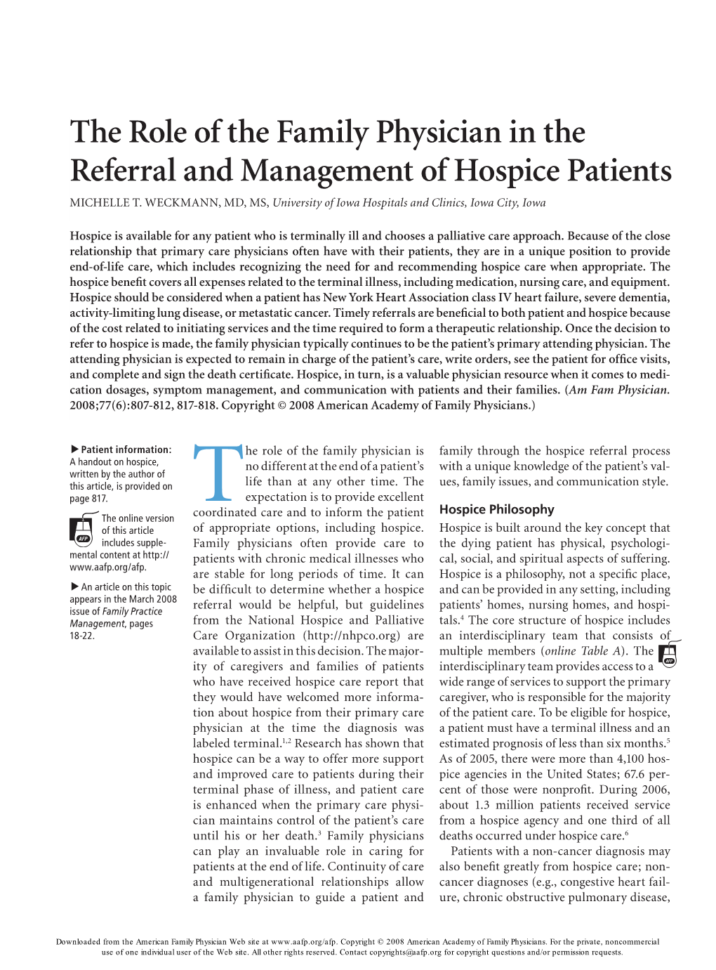 The Role of the Family Physician in the Referral and Management of Hospice Patients Michelle T