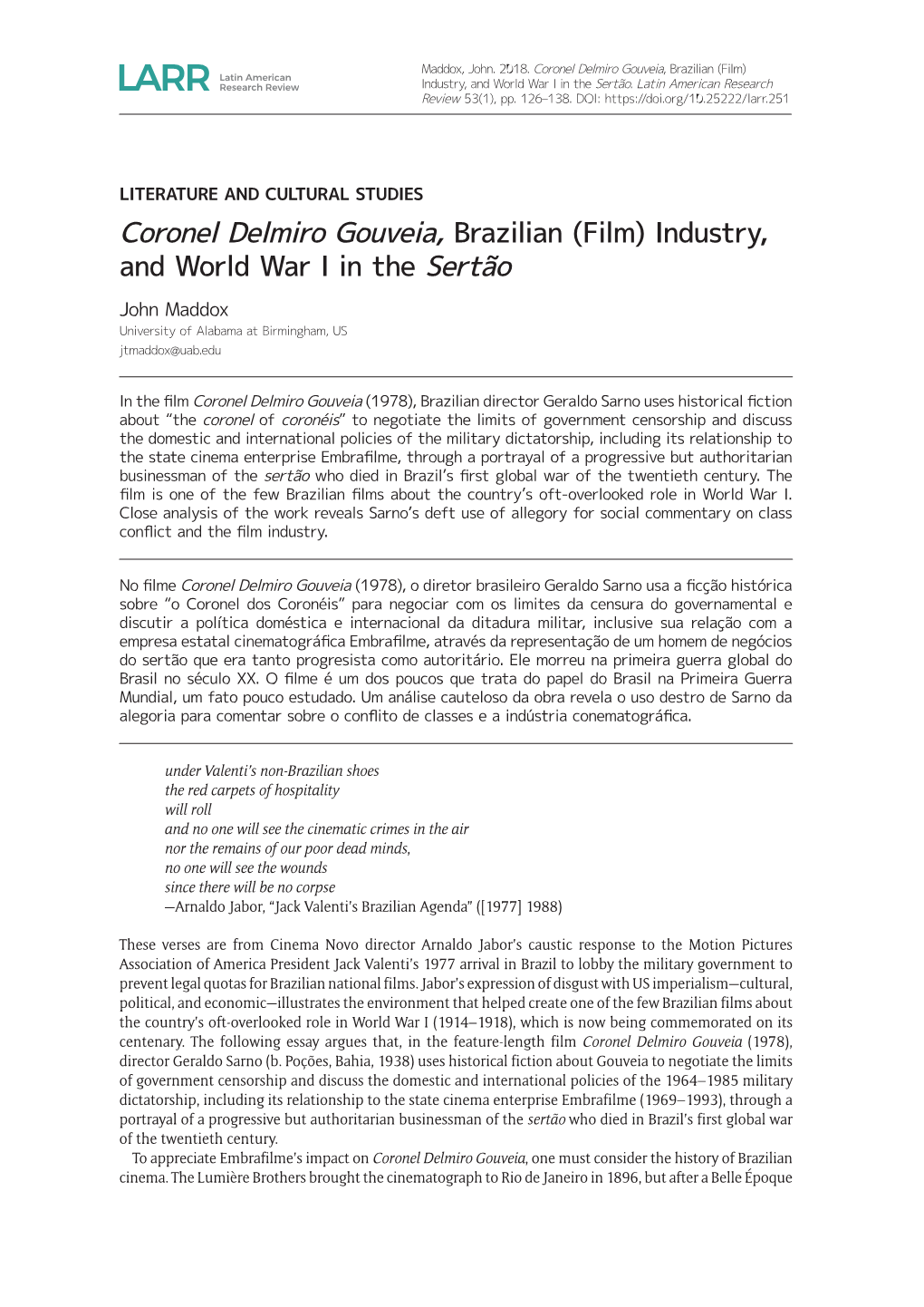 Coronel Delmiro Gouveia, Brazilian (Film) Industry, and World War I in the Sertão