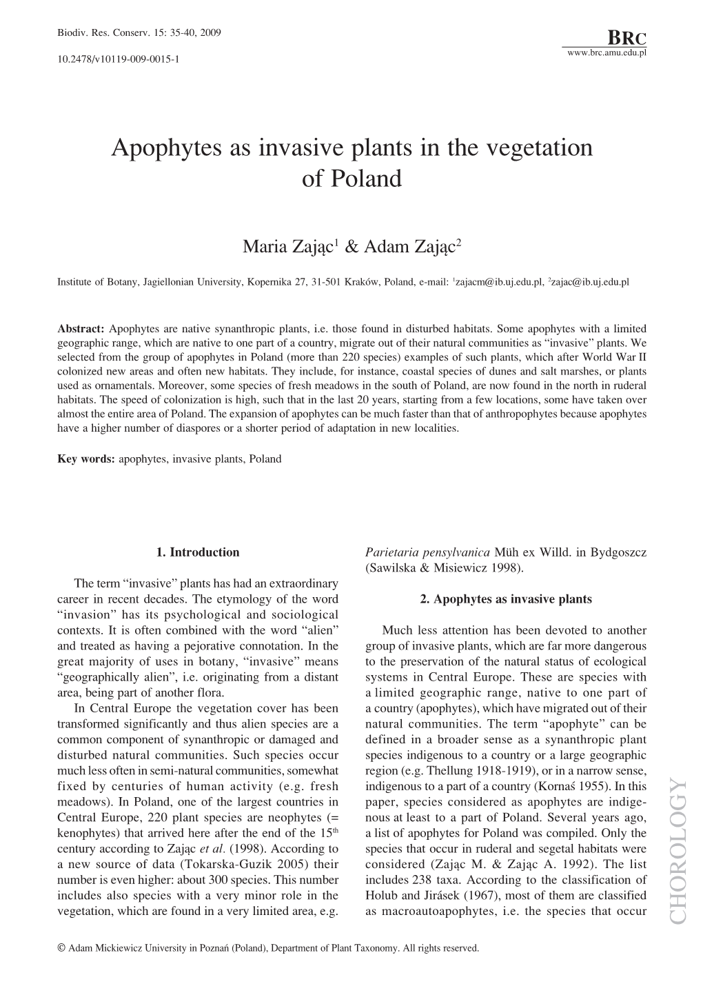 Apophytes As Invasive Plants in the Vegetation of Poland