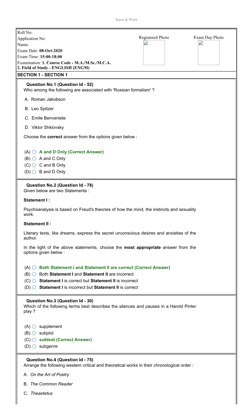 Roll No: Application No: Name: Exam Date: 08-Oct-2020 Exam Time: 15