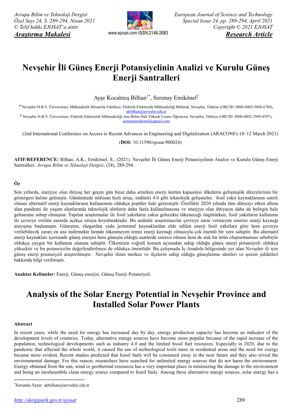 Nevşehir İli Güneş Enerji Potansiyelinin Analizi Ve Kurulu Güneş Enerji Santralleri