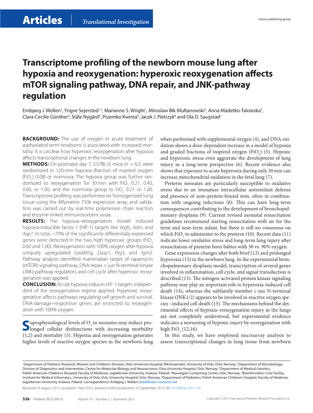 Transcriptome Profiling of the Newborn Mouse Lung After Hypoxia and Reoxygenation