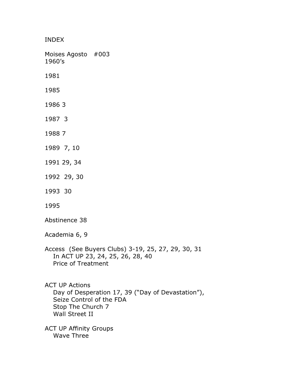 INDEX Moises Agosto #003 1960'S 1981