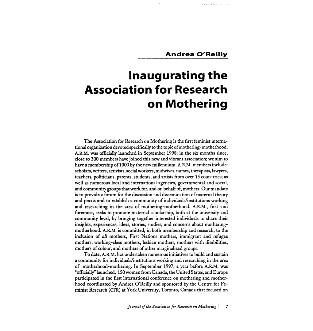 Inaugurating the Association for Research on Mothering