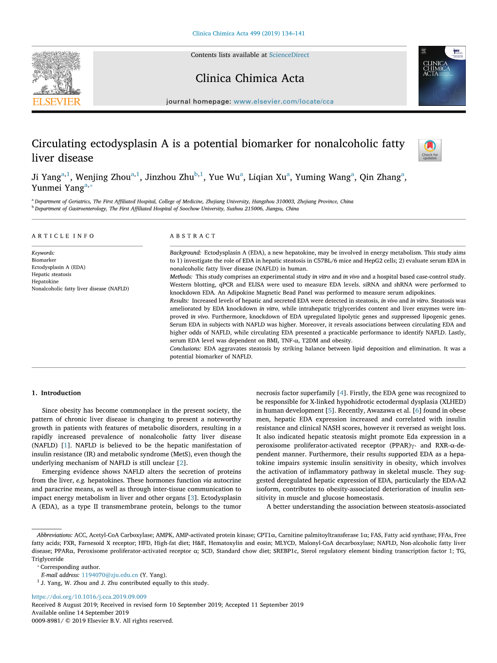 Circulating Ectodysplasin a Is a Potential Biomarker for Nonalcoholic Fatty Liver Disease T