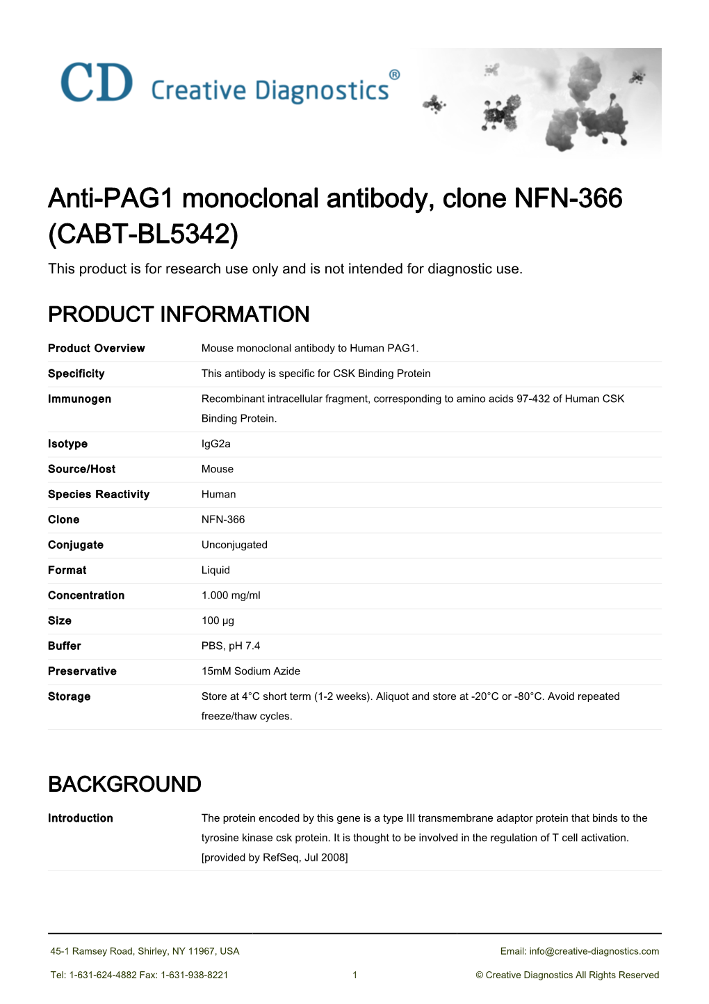 Anti-PAG1 Monoclonal Antibody, Clone NFN-366 (CABT-BL5342) This Product Is for Research Use Only and Is Not Intended for Diagnostic Use