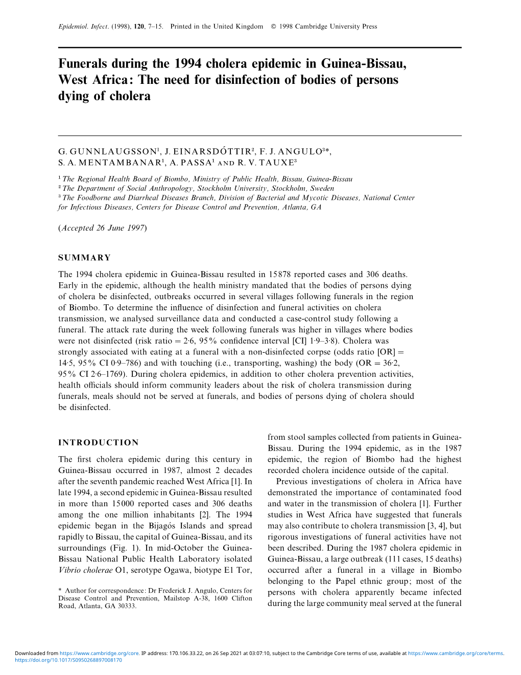 Funerals During the 1994 Cholera Epidemic in Guinea-Bissau, West Africa: the Need for Disinfection of Bodies of Persons Dying of Cholera