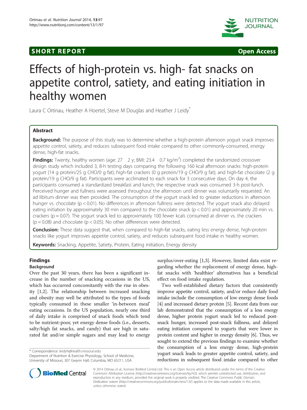 Effects of High-Protein Vs. High- Fat Snacks on Appetite Control, Satiety, and Eating Initiation in Healthy Women