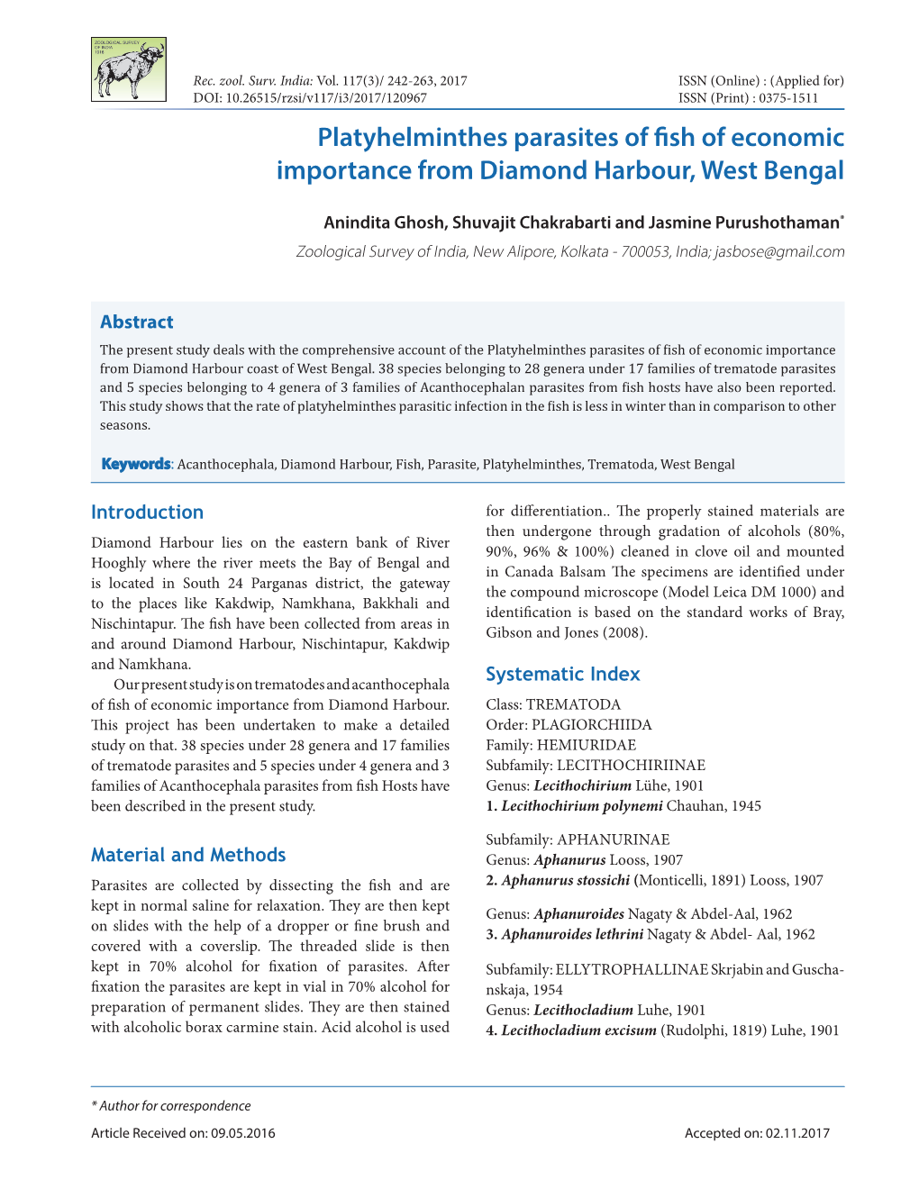 Platyhelminthes Parasites of Fish of Economic Importance from Diamond Harbour, West Bengal