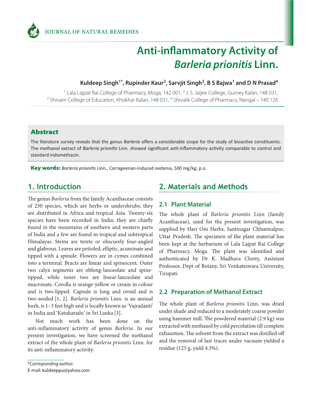 Anti-Inflammatory Activity of Barleria Prionitis Linn