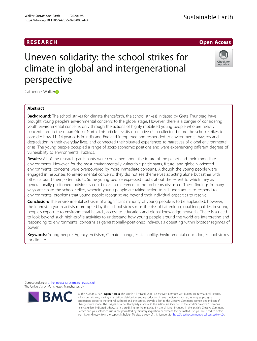 Uneven Solidarity: the School Strikes for Climate in Global and Intergenerational Perspective Catherine Walker