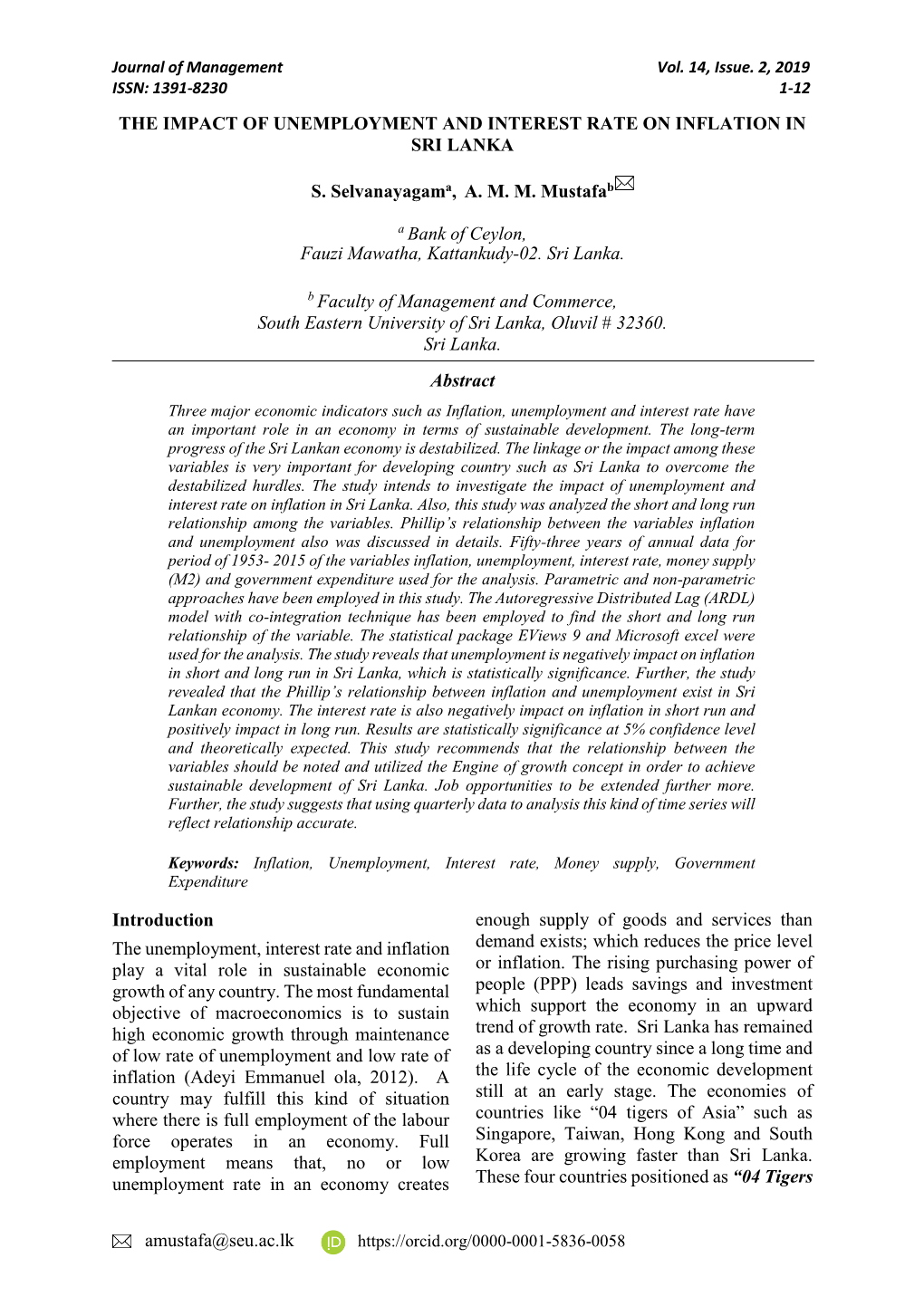 The Impact of Unemployment and Interest Rate on Inflation in Sri Lanka