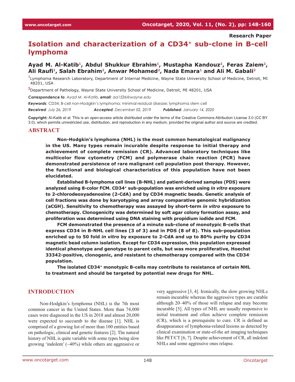 Isolation and Characterization of a CD34+ Sub-Clone in B-Cell Lymphoma