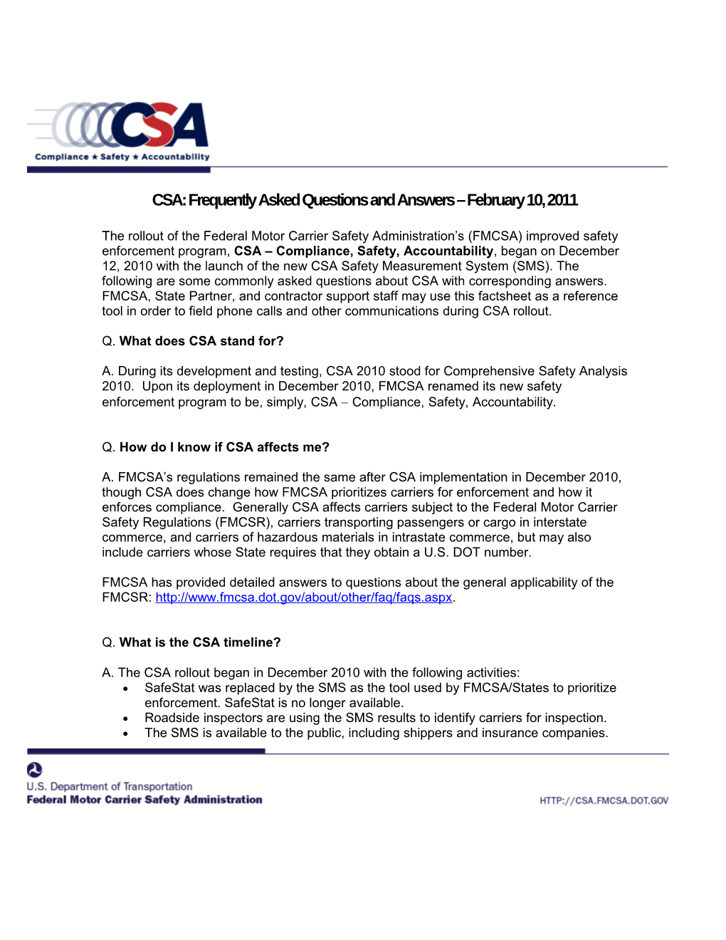 CSA: Frequently Asked Questions and Answers February 10, 2011