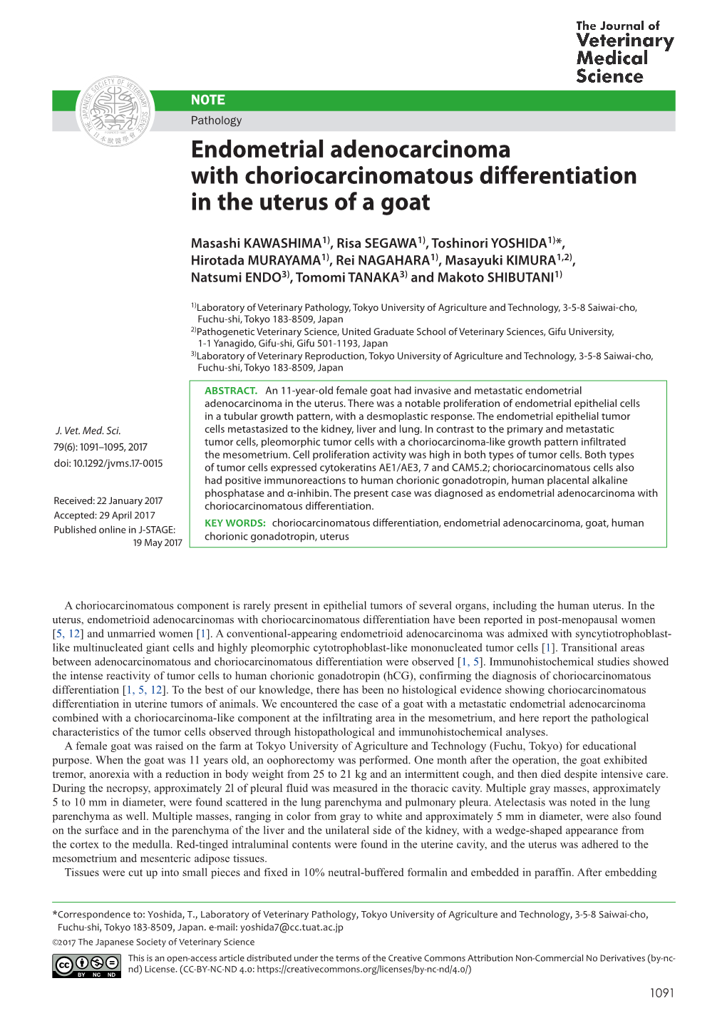 Endometrial Adenocarcinoma with Choriocarcinomatous Differentiation in the Uterus of a Goat