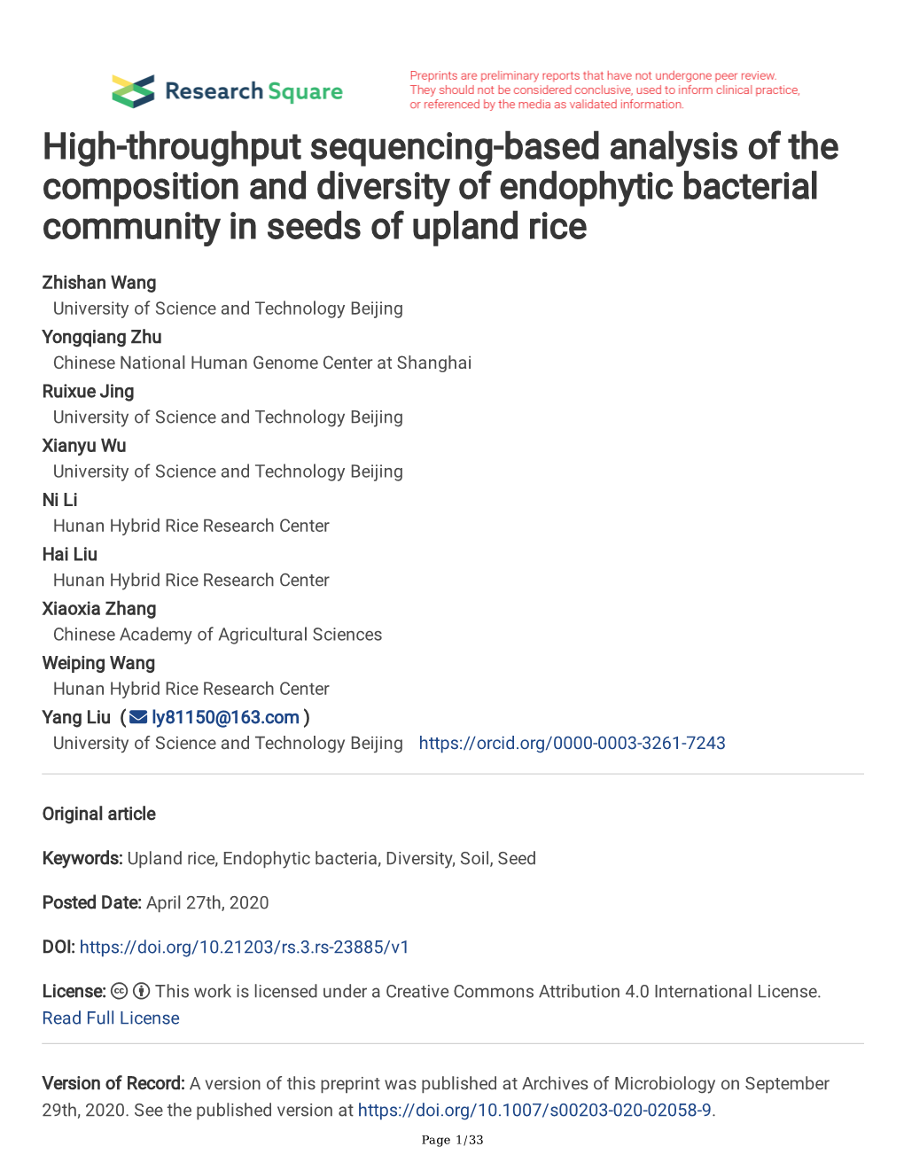 High-Throughput Sequencing-Based Analysis of the Composition and Diversity of Endophytic Bacterial Community in Seeds of Upland Rice