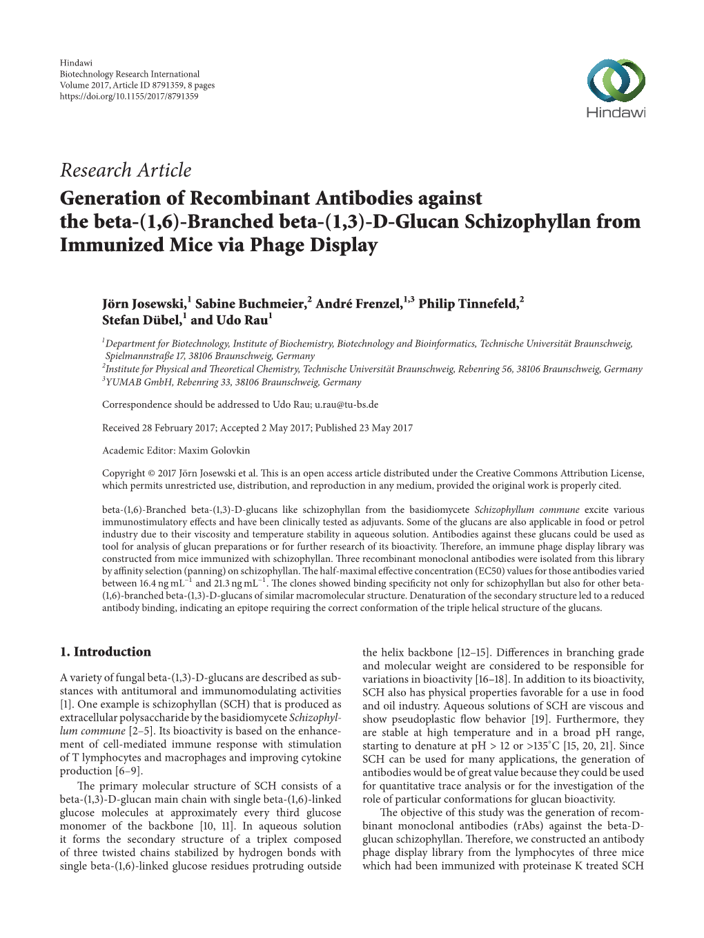 Branched Beta-(1,3)-D-Glucan Schizophyllan from Immunized Mice Via Phage Display