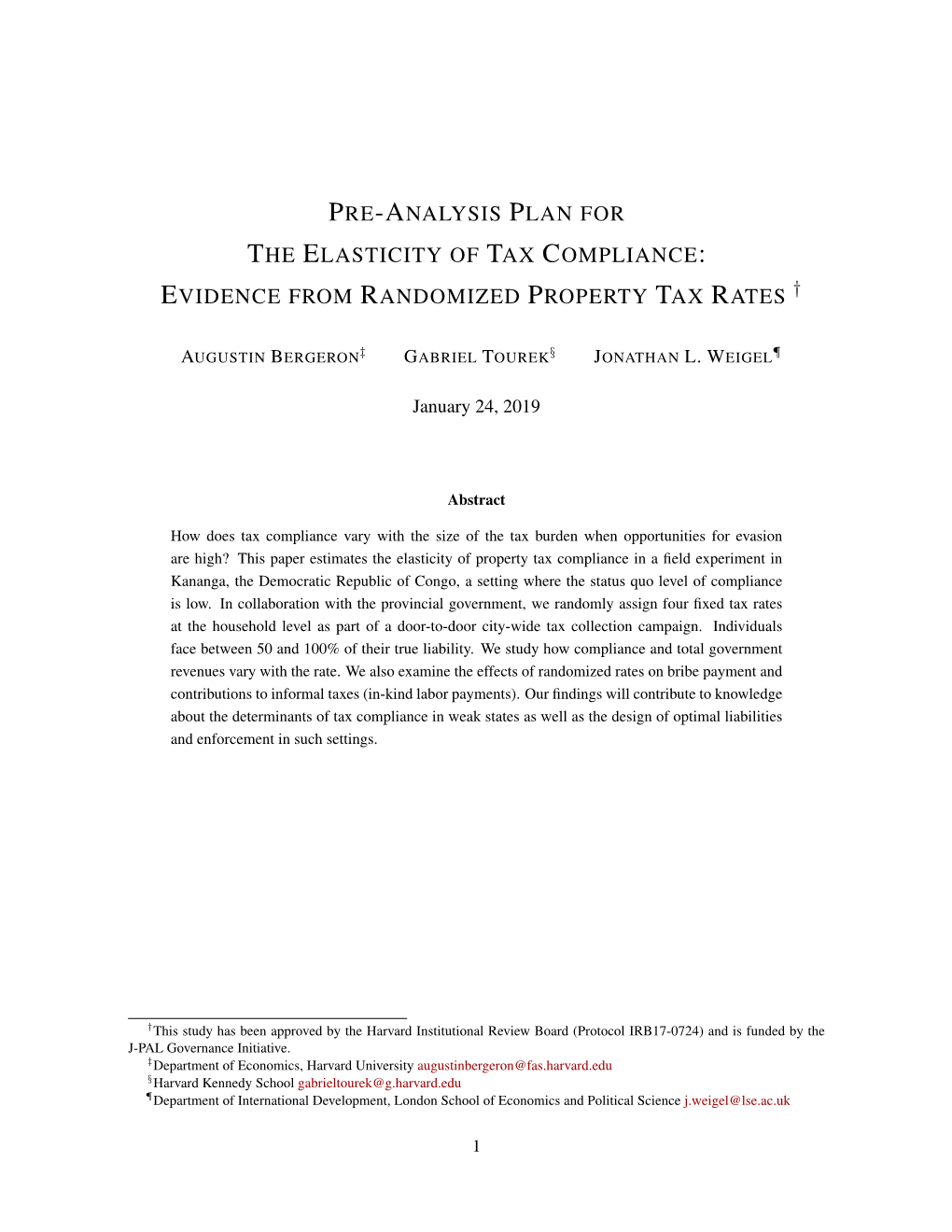 Pre-Analysis Plan for the Elasticity of Tax Compliance