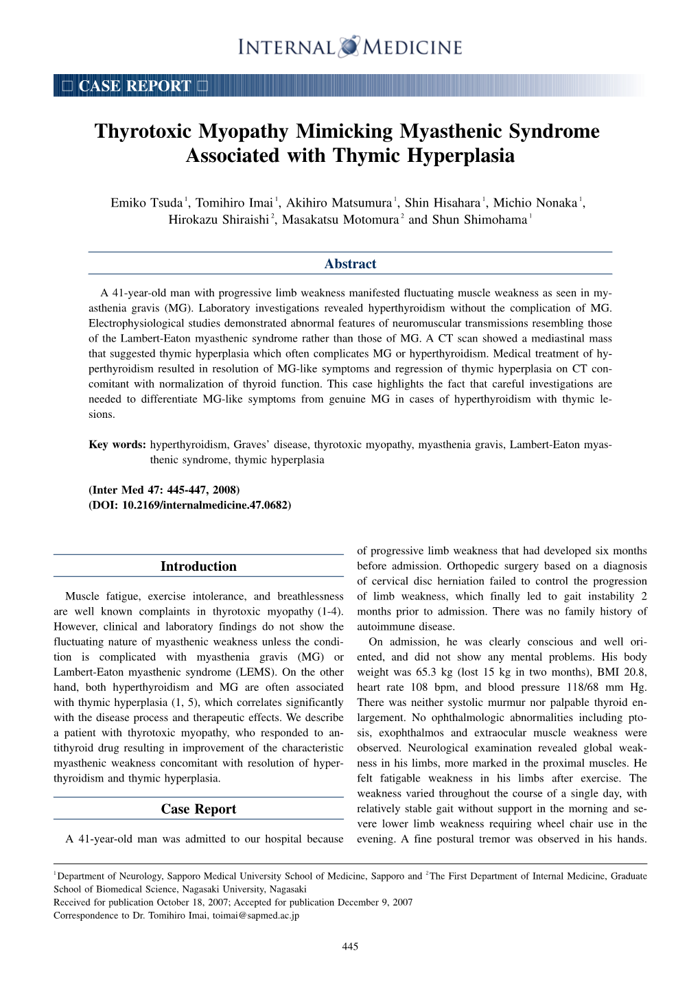 Thyrotoxic Myopathy Mimicking Myasthenic Syndrome Associated with Thymic Hyperplasia