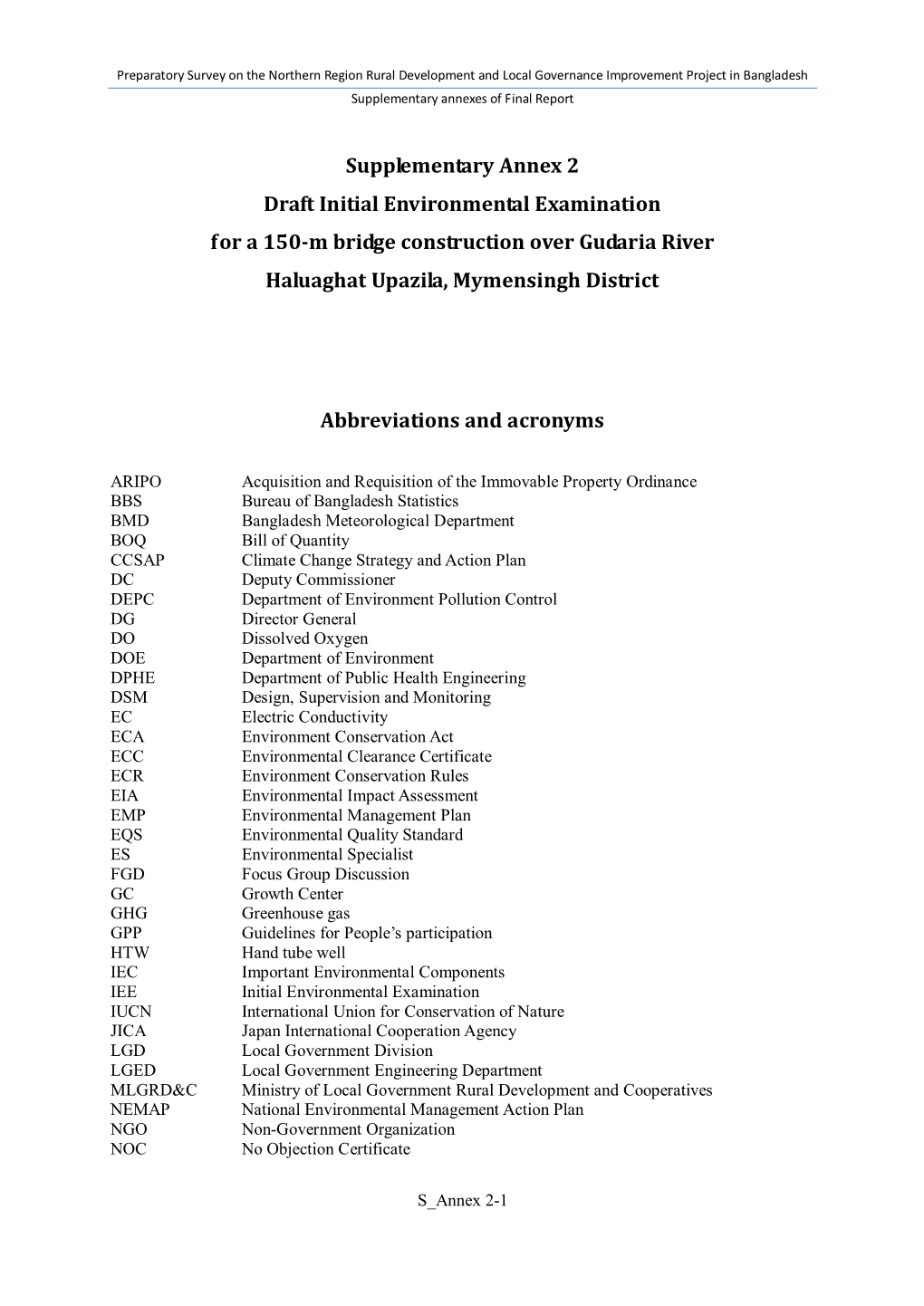 Supplementary Annex 2 Draft Initial Environmental Examination for a 150-M Bridge Construction Over Gudaria River Haluaghat Upazi