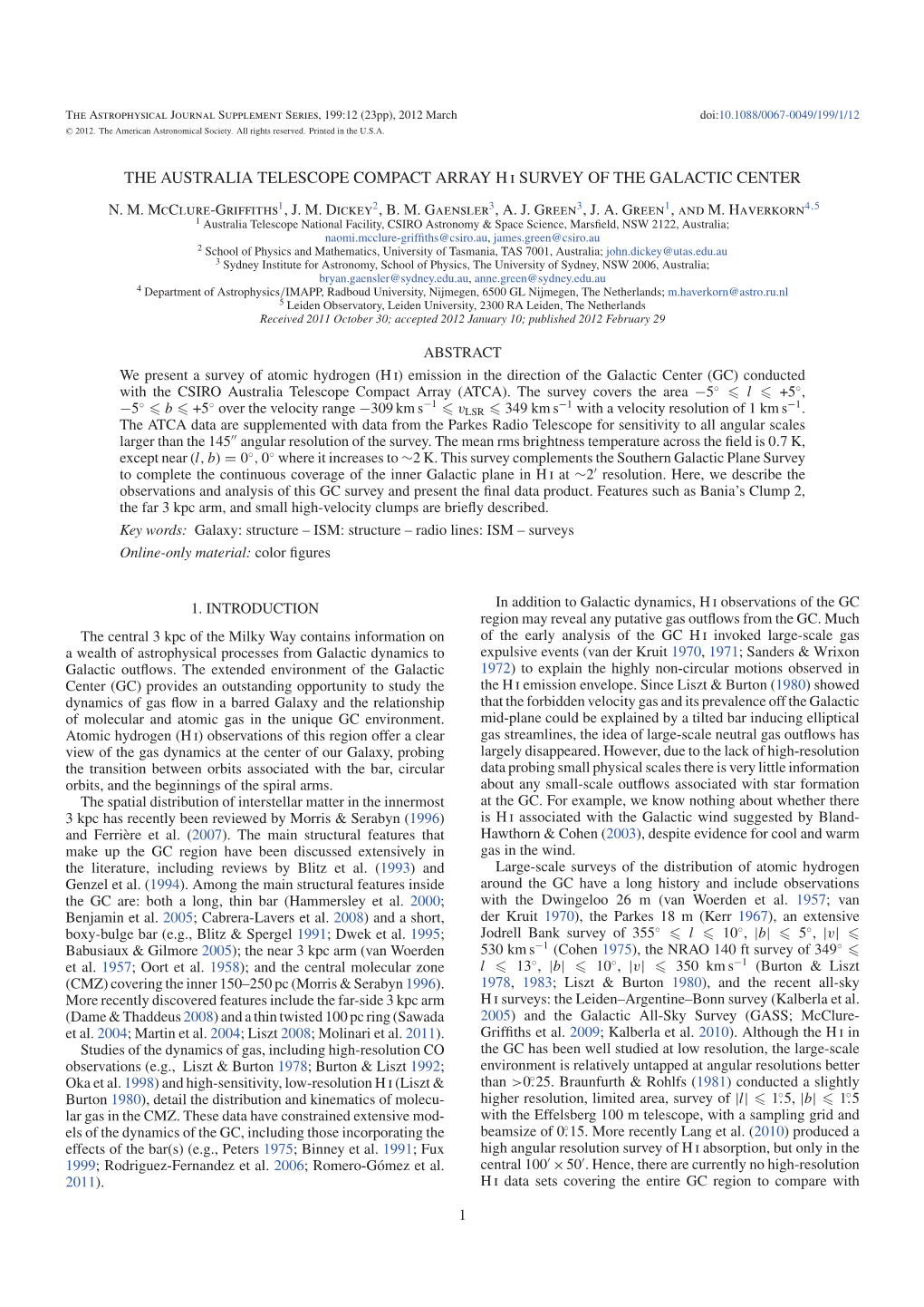 THE AUSTRALIA TELESCOPE COMPACT ARRAY H I SURVEY of the GALACTIC CENTER