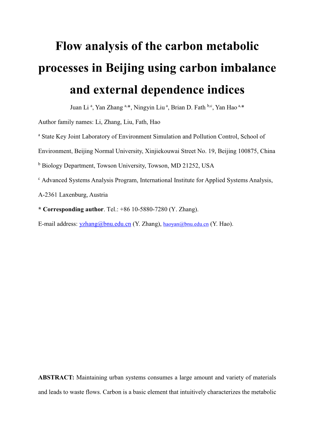 Flow Analysis of the Carbon Metabolic Processes in Beijing Using Carbon Imbalance and External Dependence Indices