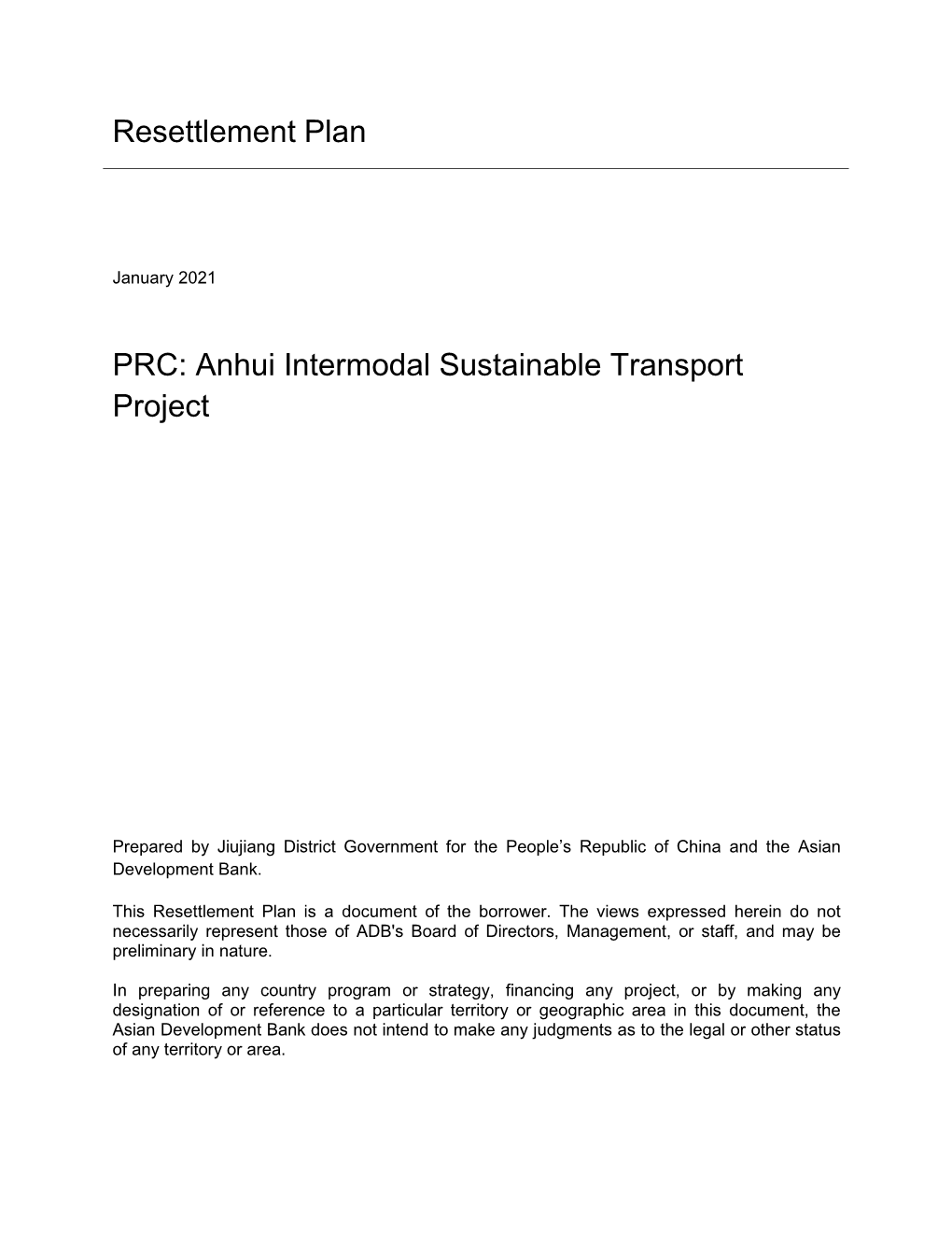 Resettlement Plan PRC: Anhui Intermodal Sustainable Transport