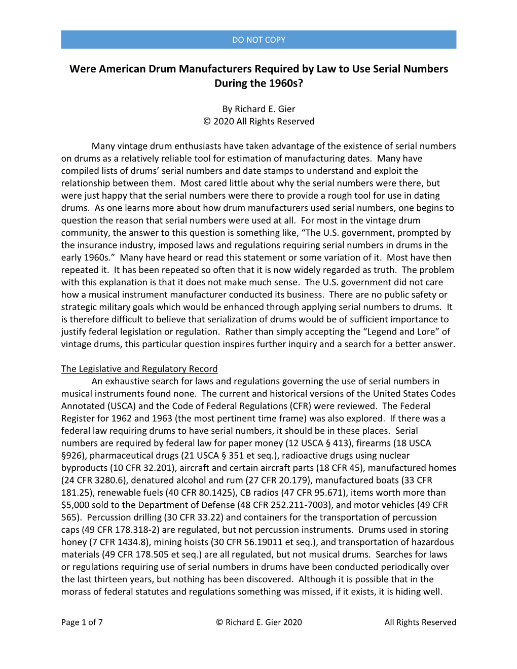 Paper on Impetus of Serial Numbers in American Drums