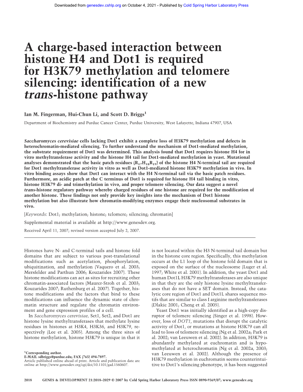 A Charge-Based Interaction Between Histone H4 and Dot1 Is Required for H3K79 Methylation and Telomere Silencing: Identification of a New Trans-Histone Pathway
