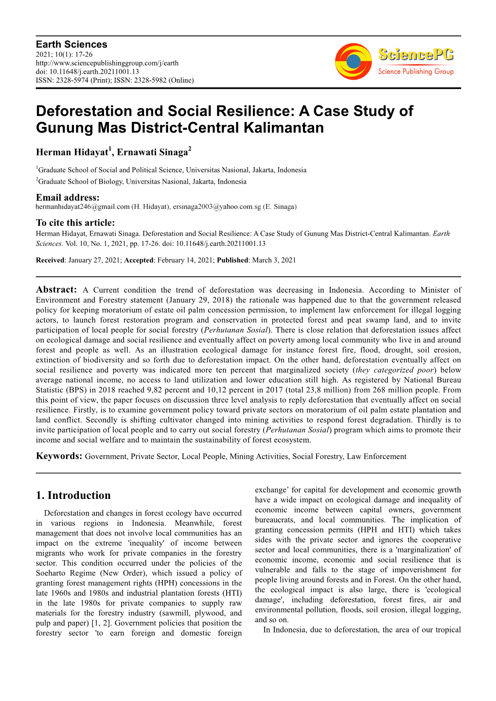 Deforestation and Social Resilience: a Case Study of Gunung Mas District-Central Kalimantan