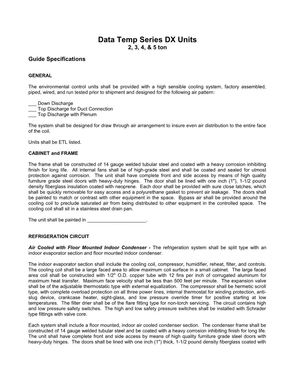 Data Temp Series: 2, 3, 4, 5 Ton DX Units Guide Specifications