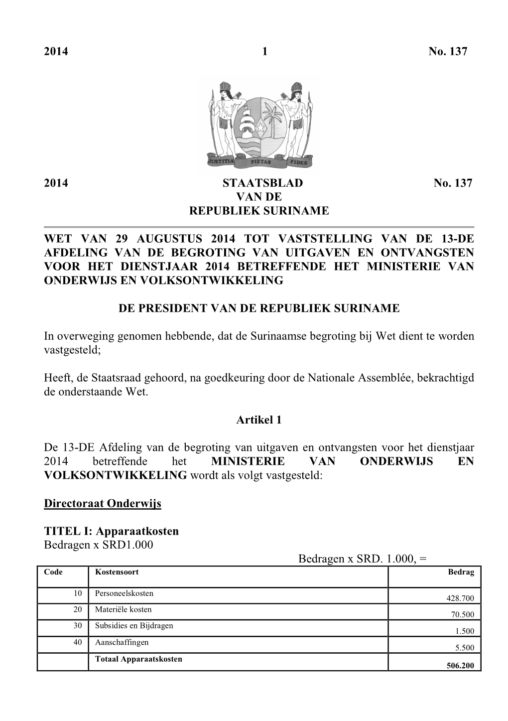 Begroting 2014 Ministerie Van Onderwijs En Volksontwikkeling