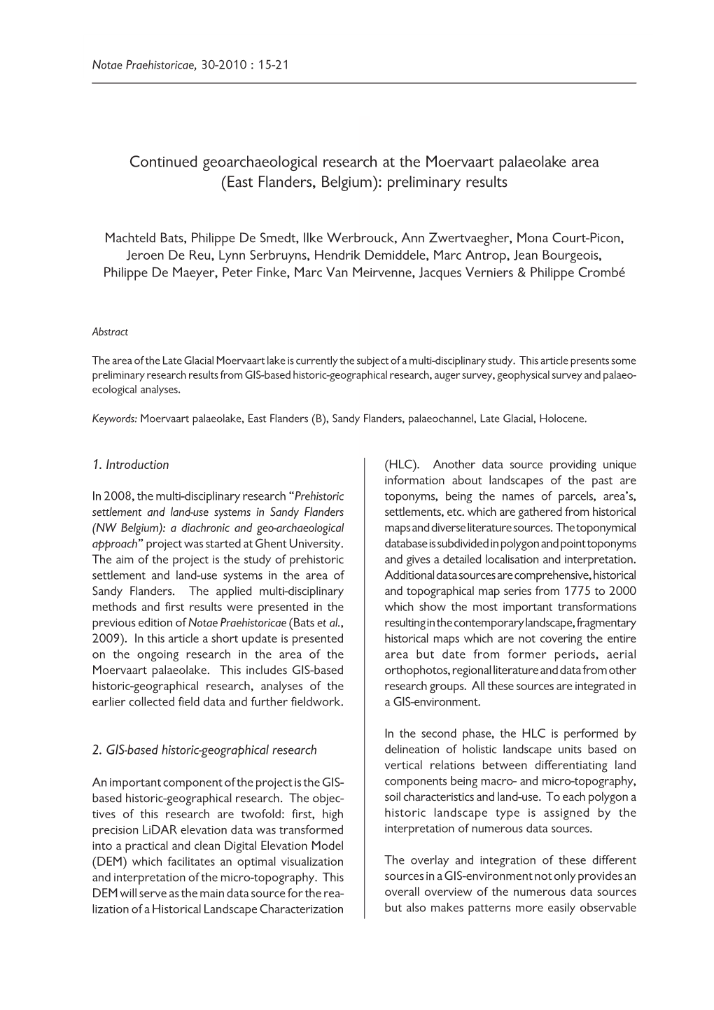 Continued Geoarchaeological Research at the Moervaart Palaeolake Area (East Flanders, Belgium): Preliminary Results