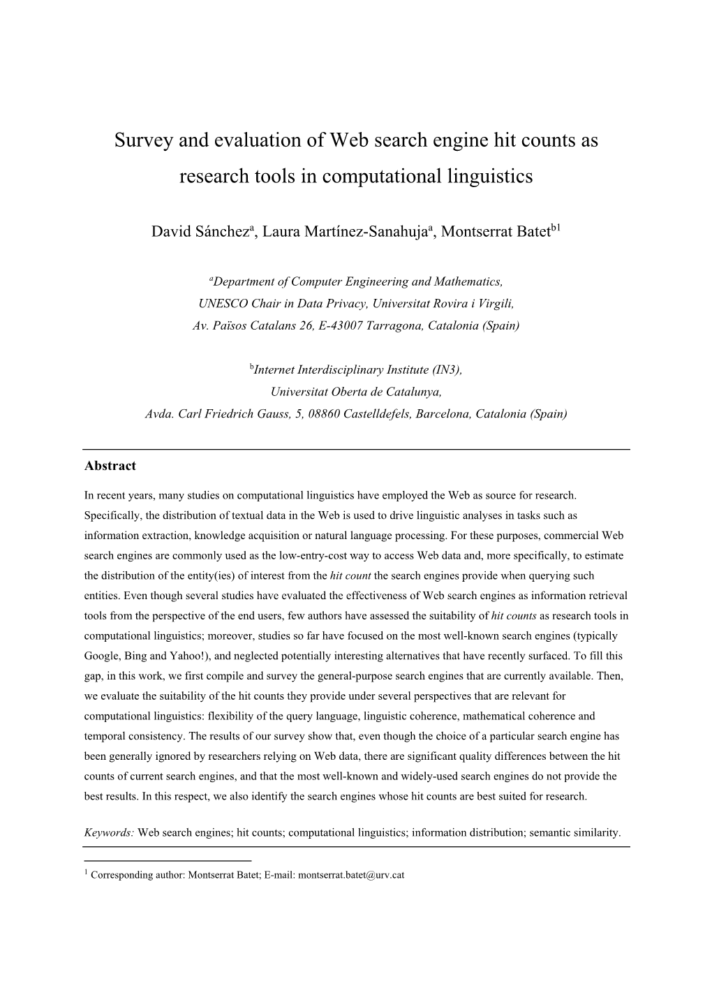 Survey and Evaluation of Web Search Engine Hit Counts As Research Tools in Computational Linguistics