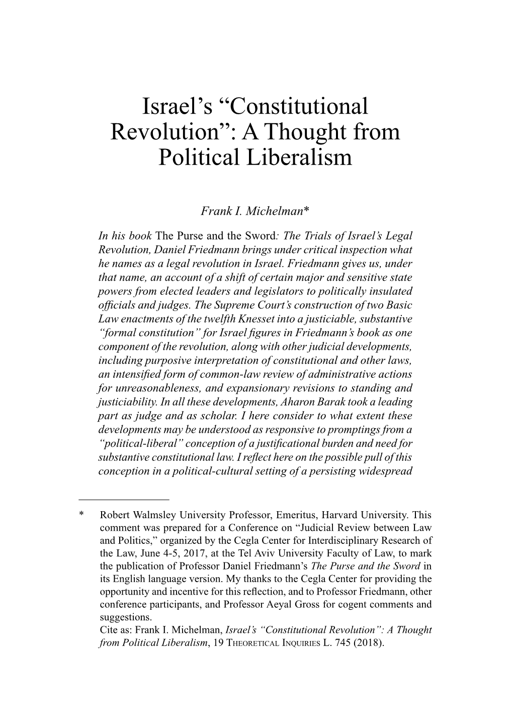 Israel's “Constitutional Revolution”: a Thought from Political Liberalism