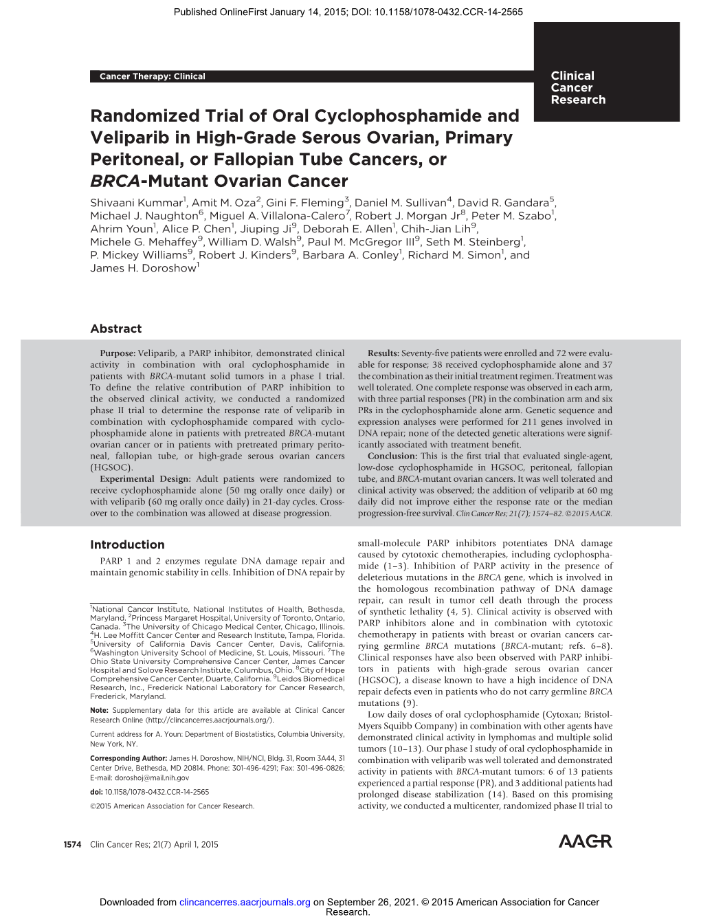 Randomized Trial of Oral Cyclophosphamide and Veliparib In