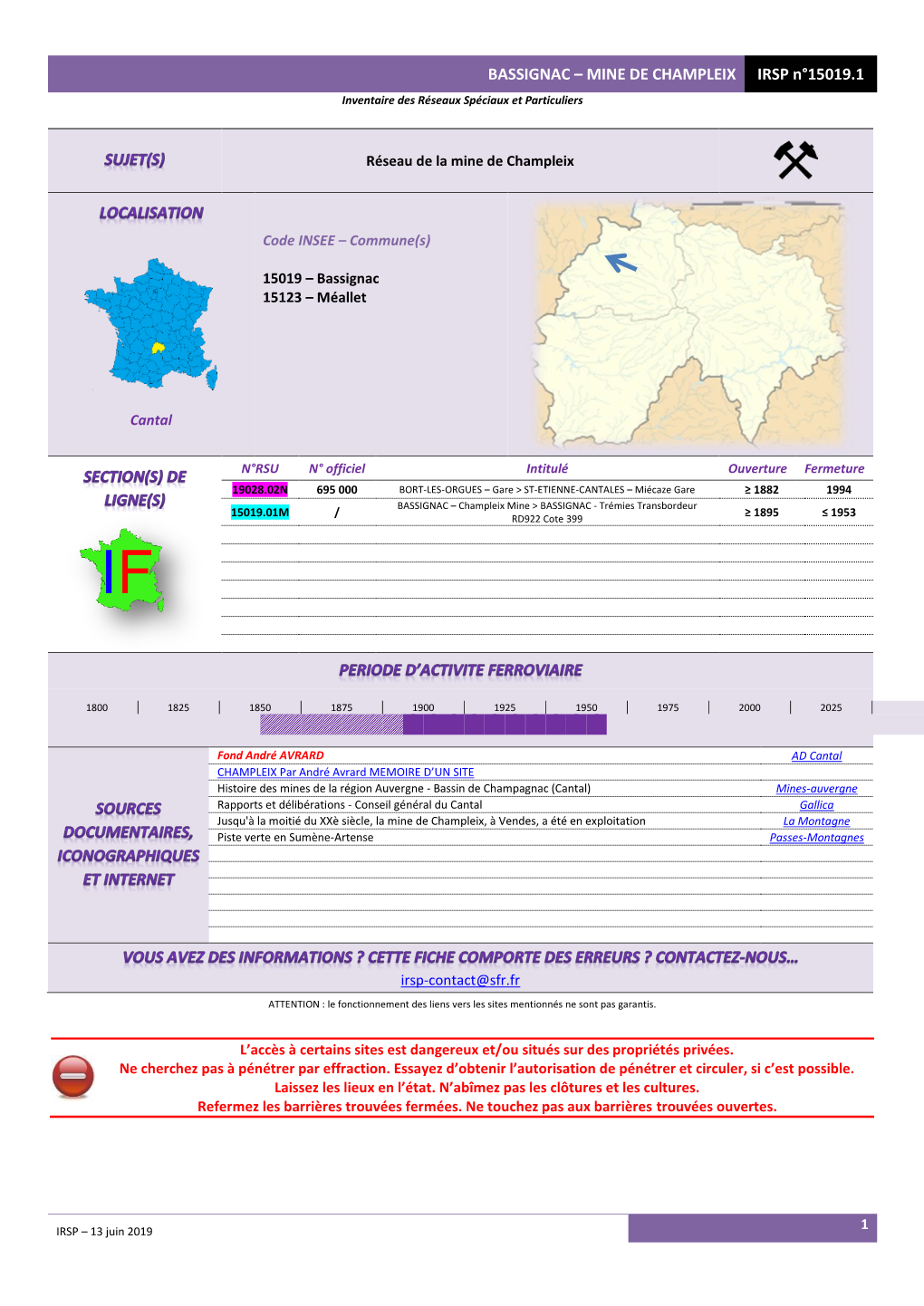 BASSIGNAC – MINE DE CHAMPLEIX IRSP N°15019.1 Inventaire Des Réseaux Spéciaux Et Particuliers