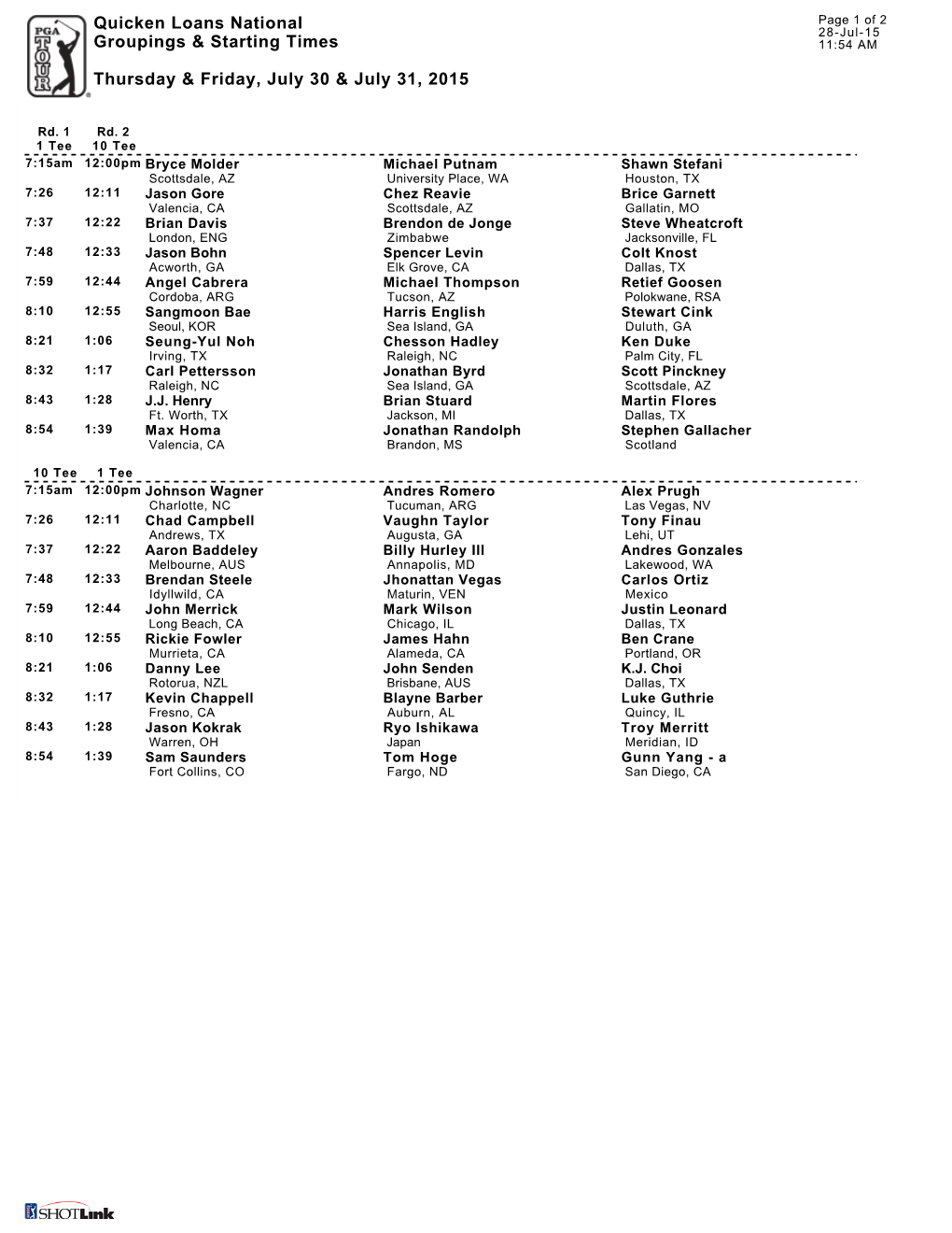 Quicken Loans National Groupings & Starting Times Thursday & Friday