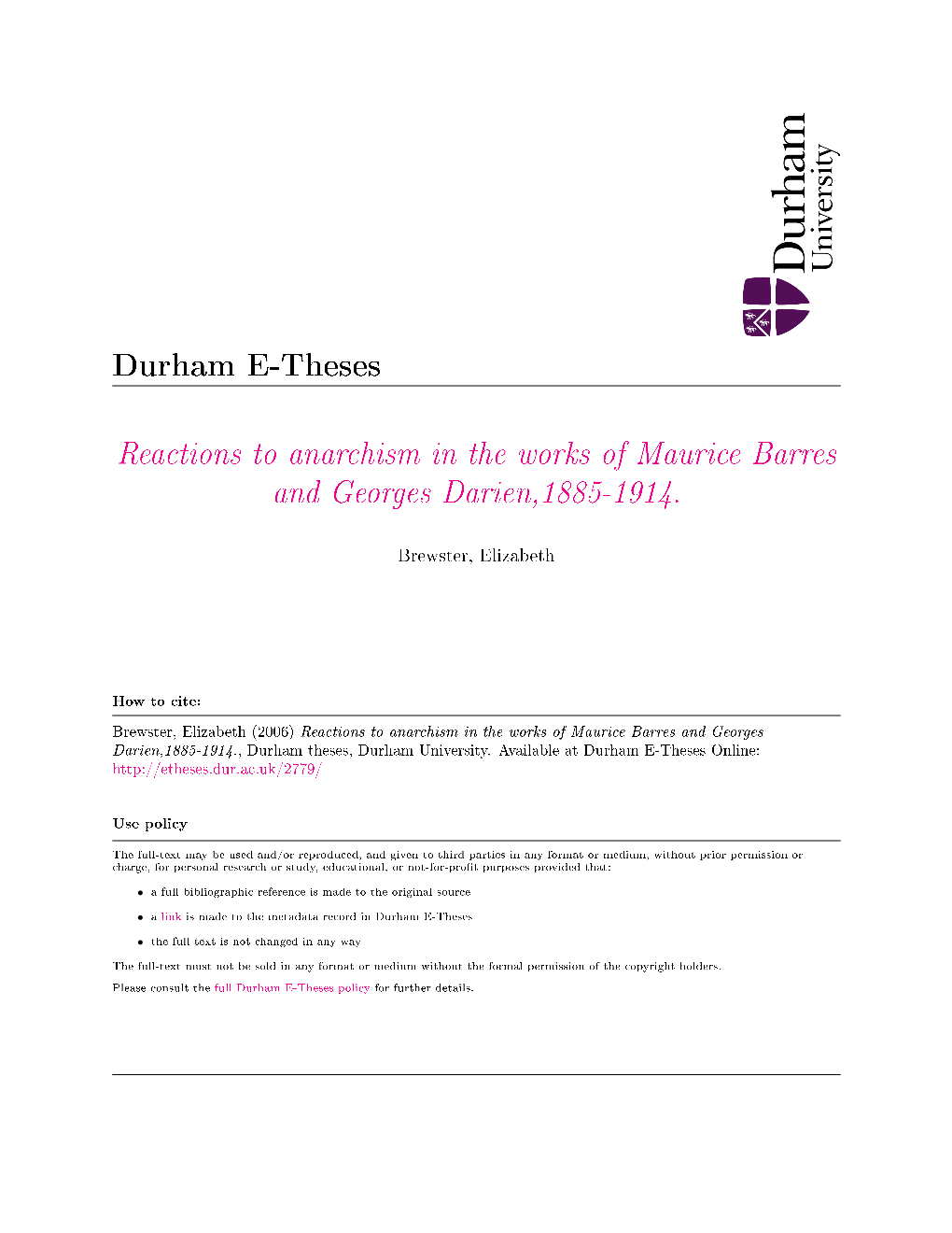 Reactions to Anarchism in the Worlcs of Maurice Barres and Georges Darien, 1885-1914