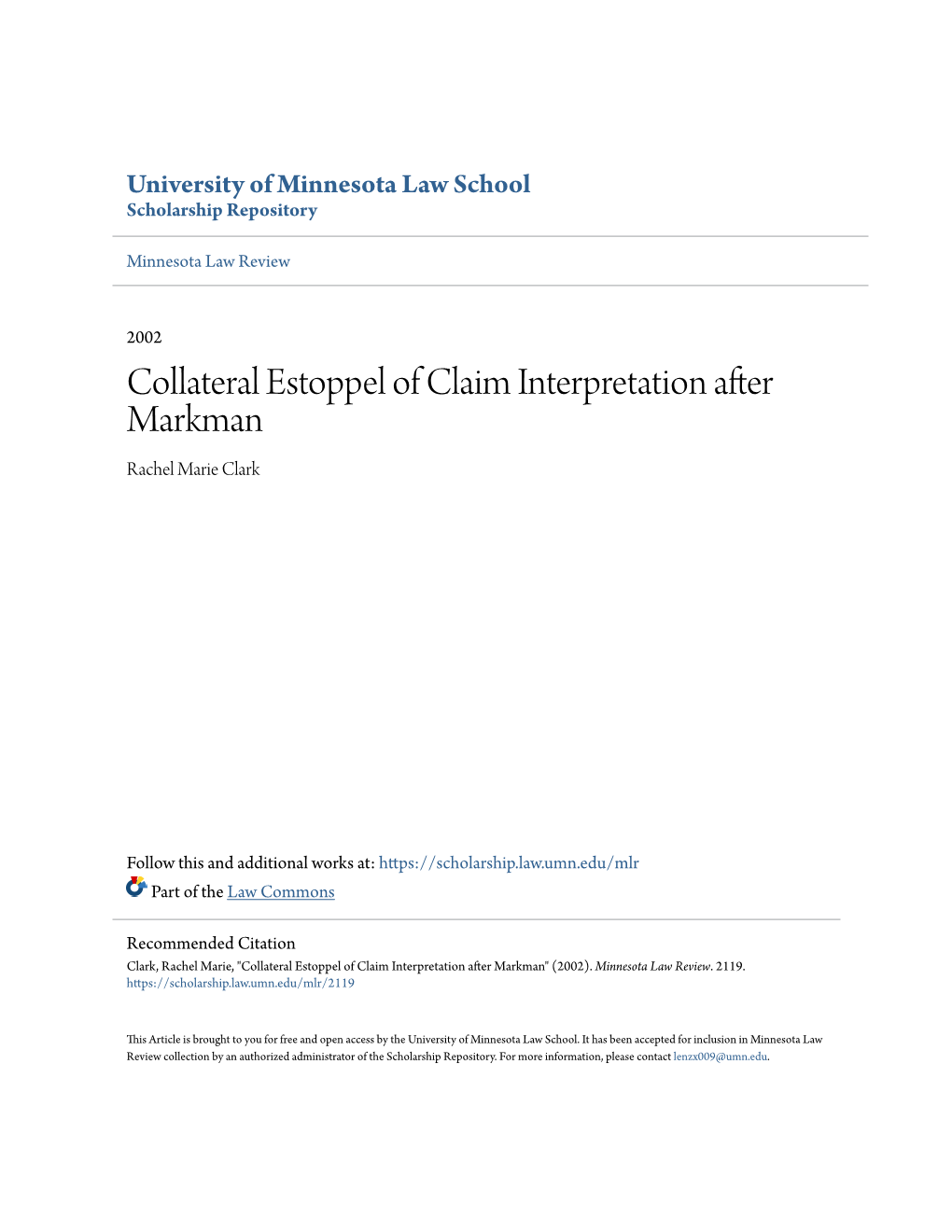 Collateral Estoppel of Claim Interpretation After Markman Rachel Marie Clark