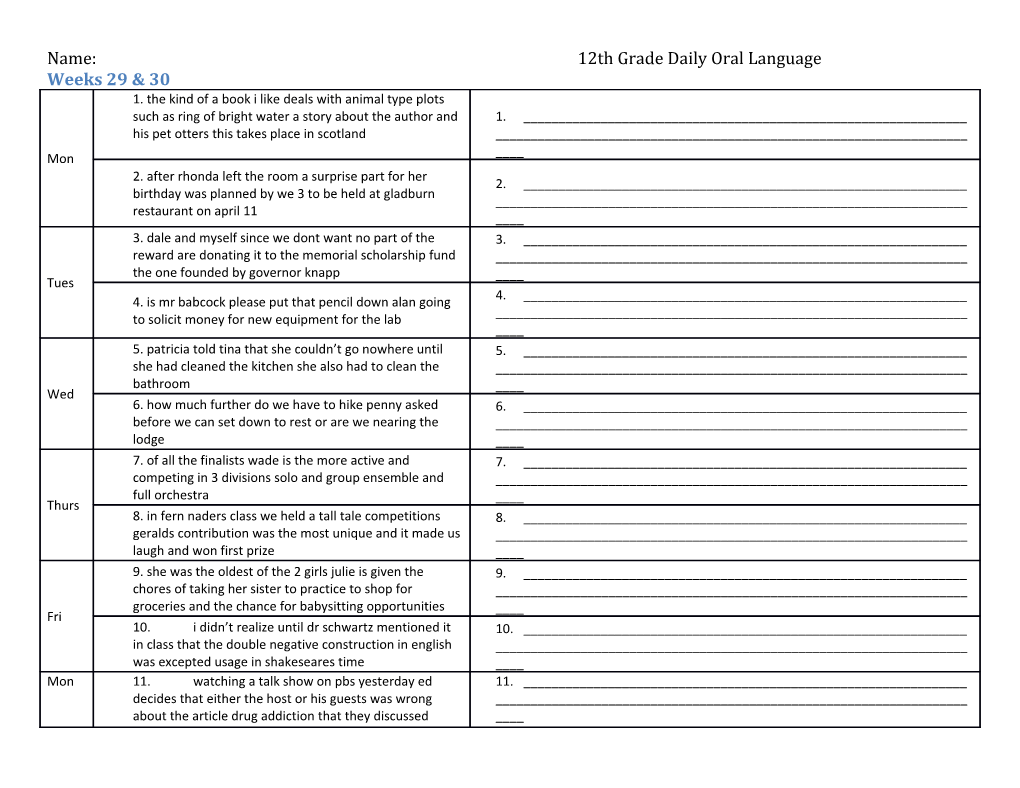 Name: 12Th Grade Daily Oral Language