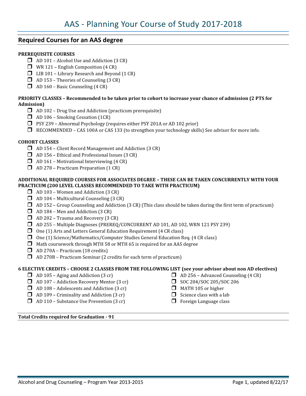 Addiction Studies Degree Planning Guide, 2017/18 |