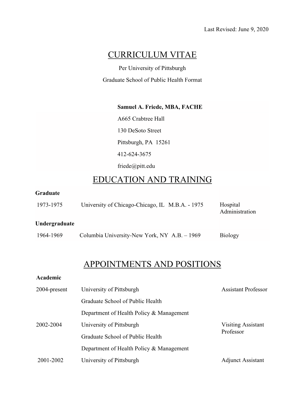 Curriculum Vitae Education and Training Appointments