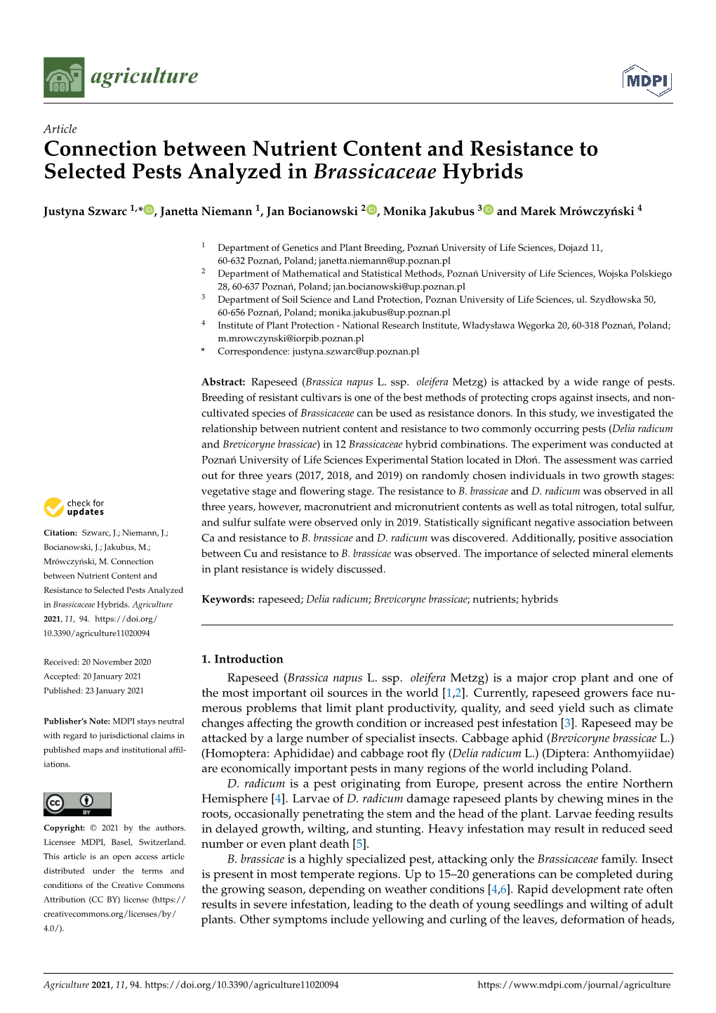 Connection Between Nutrient Content and Resistance to Selected Pests Analyzed in Brassicaceae Hybrids